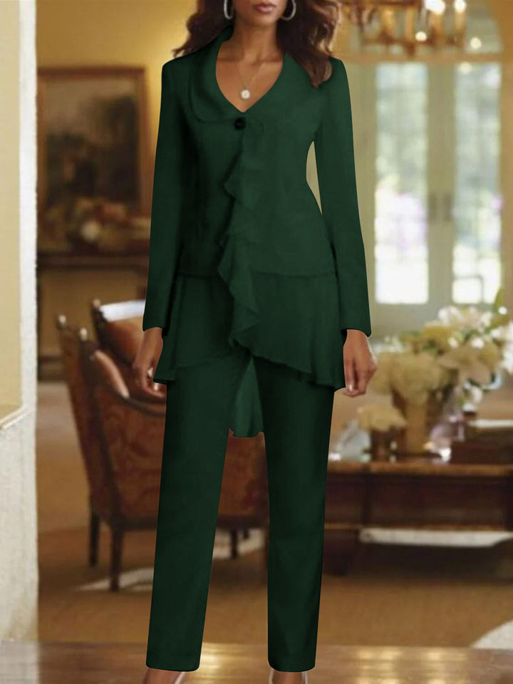Tailleur-Pantalon Blanc à Col en V et Manches Longues pour Mère de la Mariée avec Volants