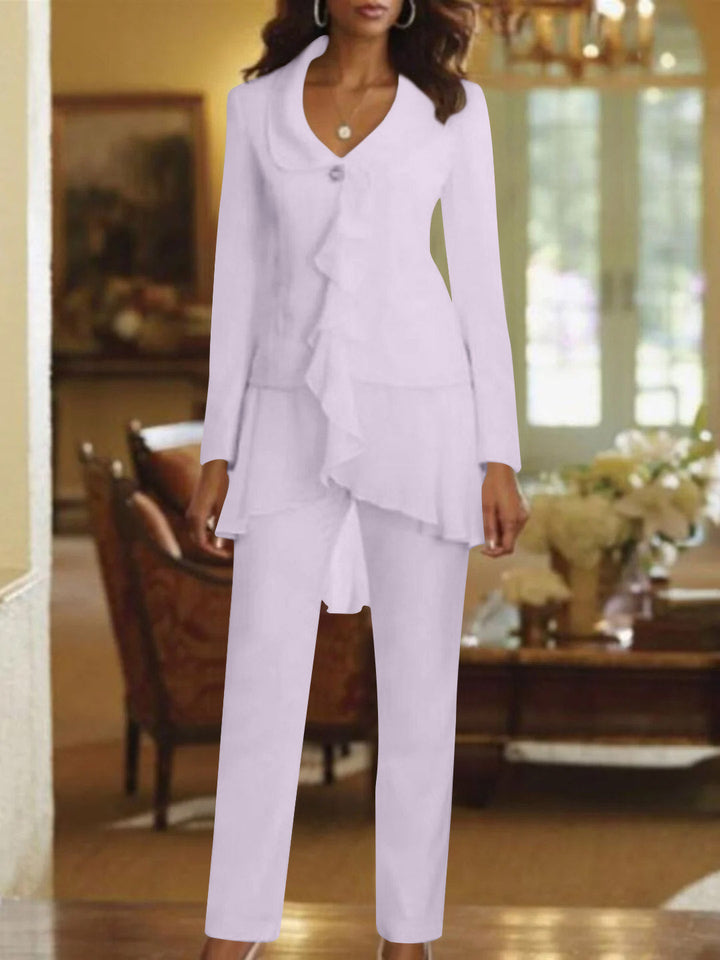 Tailleur-Pantalon Blanc à Col en V et Manches Longues pour Mère de la Mariée avec Volants