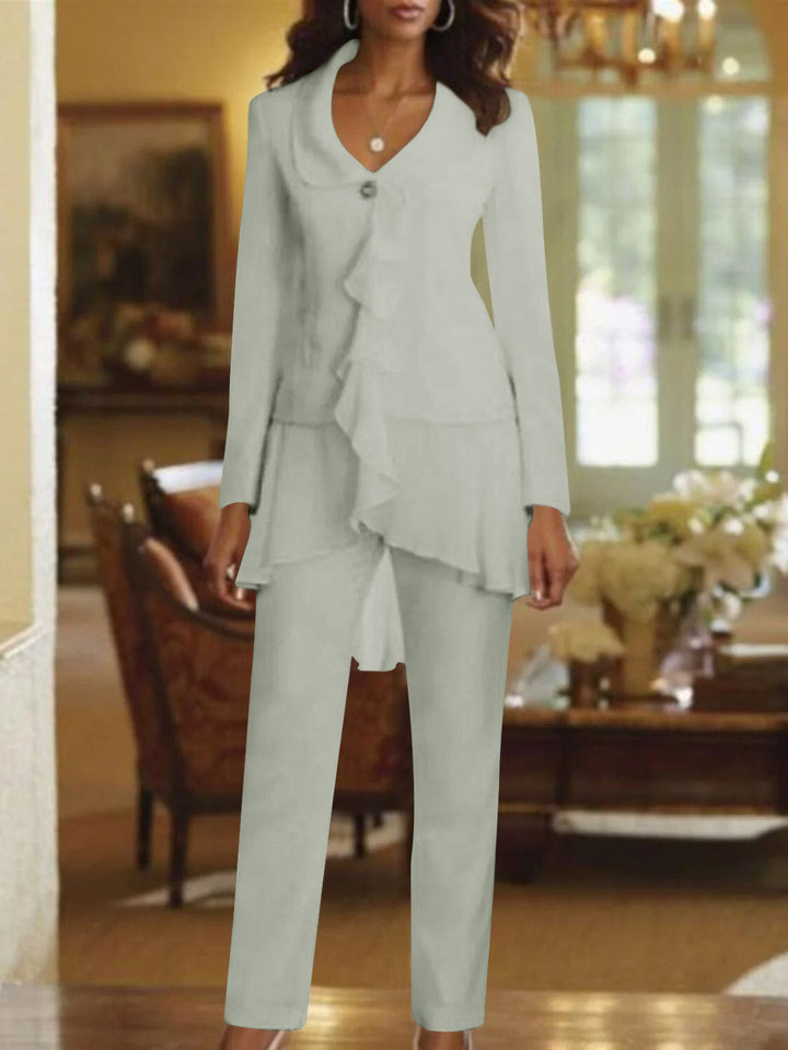 Tailleur-Pantalon Blanc à Col en V et Manches Longues pour Mère de la Mariée avec Volants