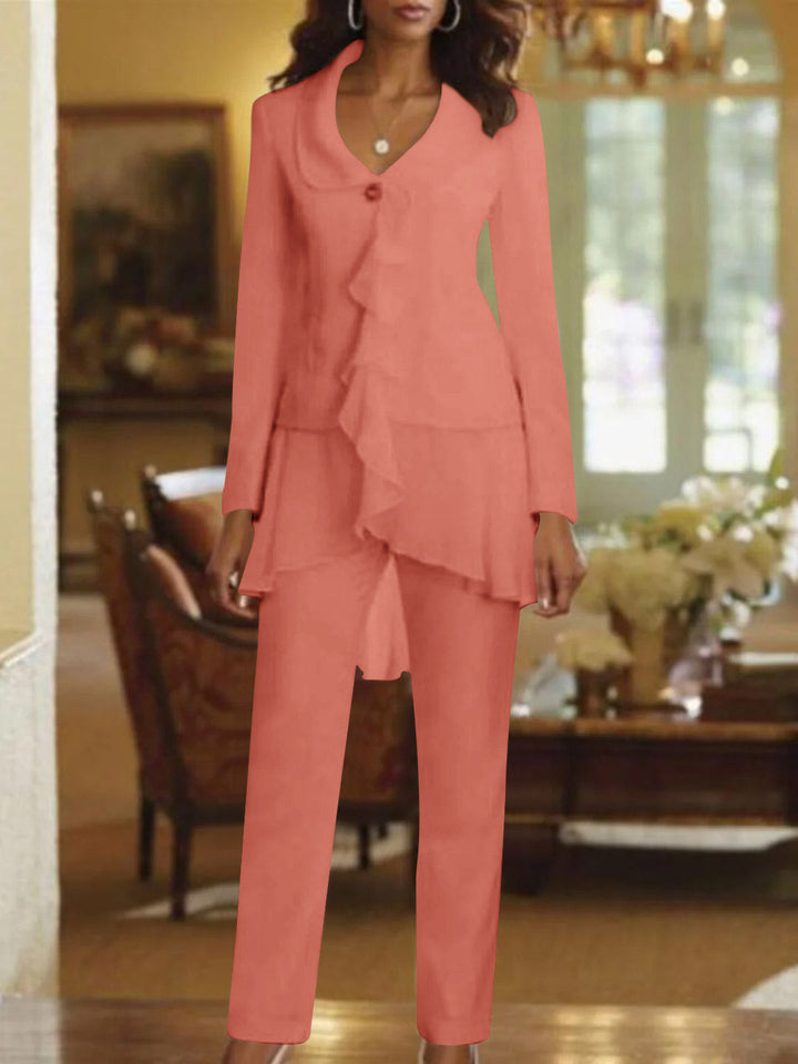 Tailleur-Pantalon Blanc à Col en V et Manches Longues pour Mère de la Mariée avec Volants