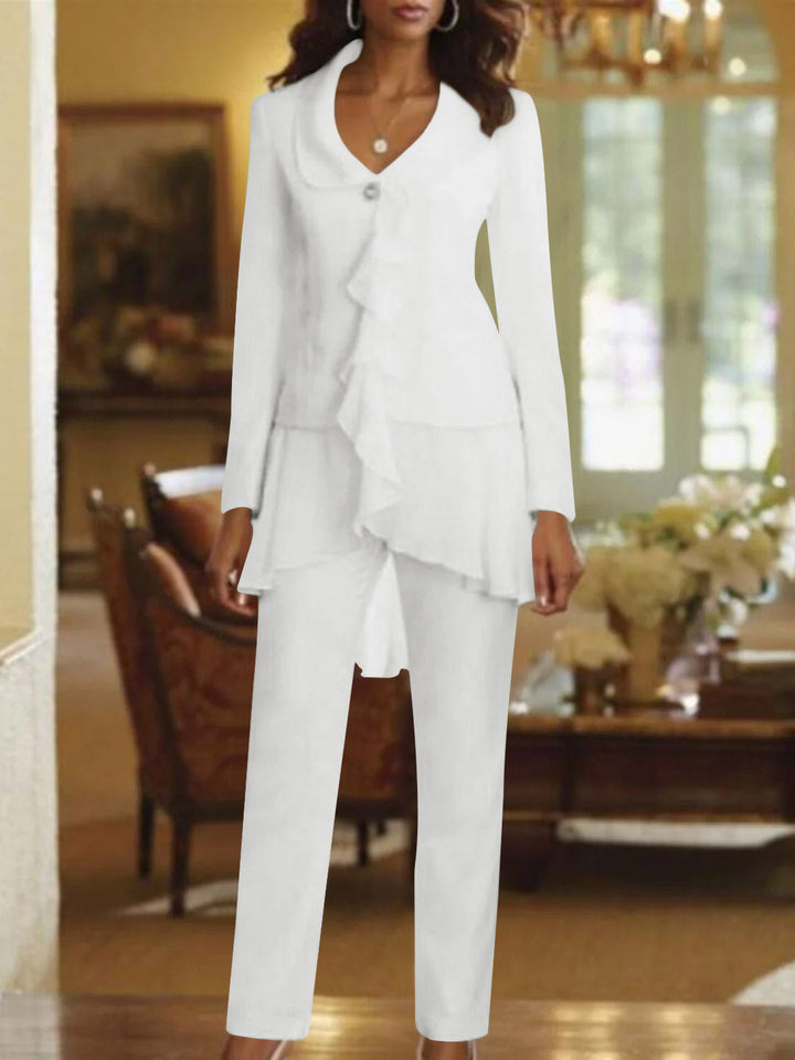 Tailleur-Pantalon Blanc à Col en V et Manches Longues pour Mère de la Mariée avec Volants
