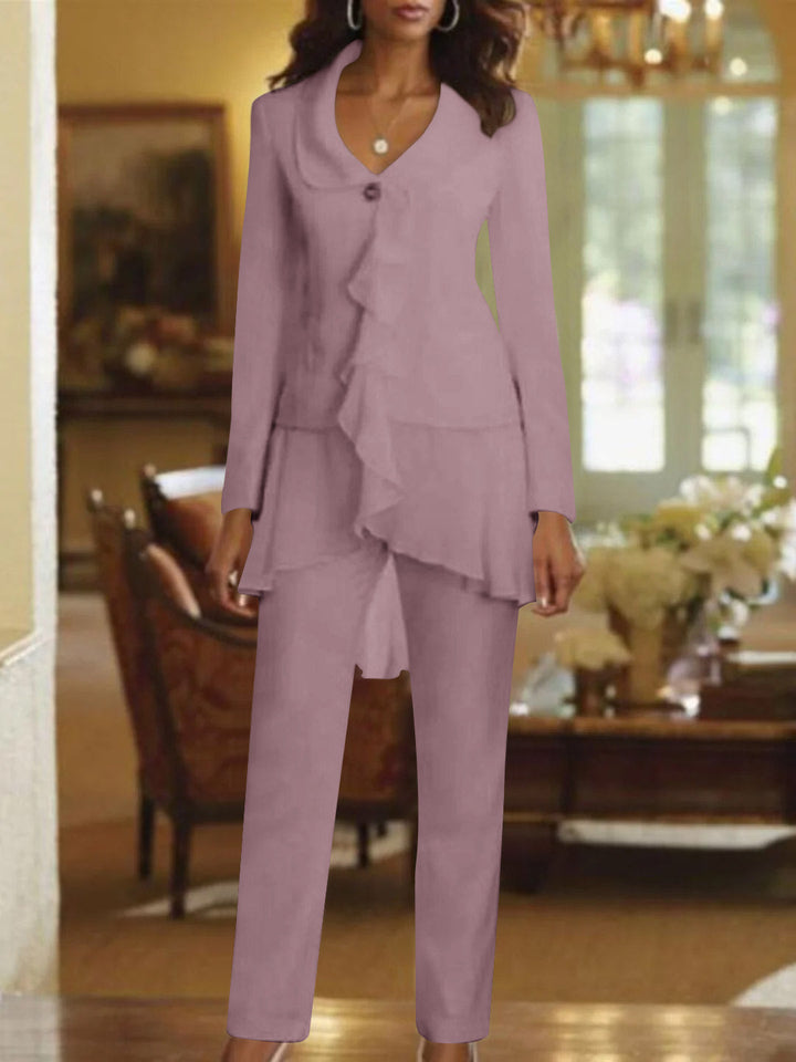 Tailleur-Pantalon Blanc à Col en V et Manches Longues pour Mère de la Mariée avec Volants