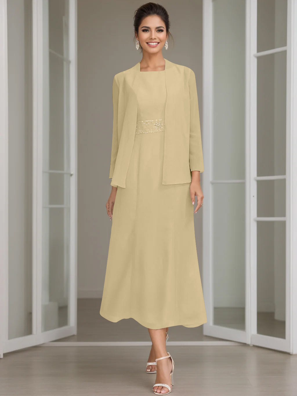 Gaine/Colonne Collier Bijou Tea Length Robes Mère de La Mariée avec veste & Perles