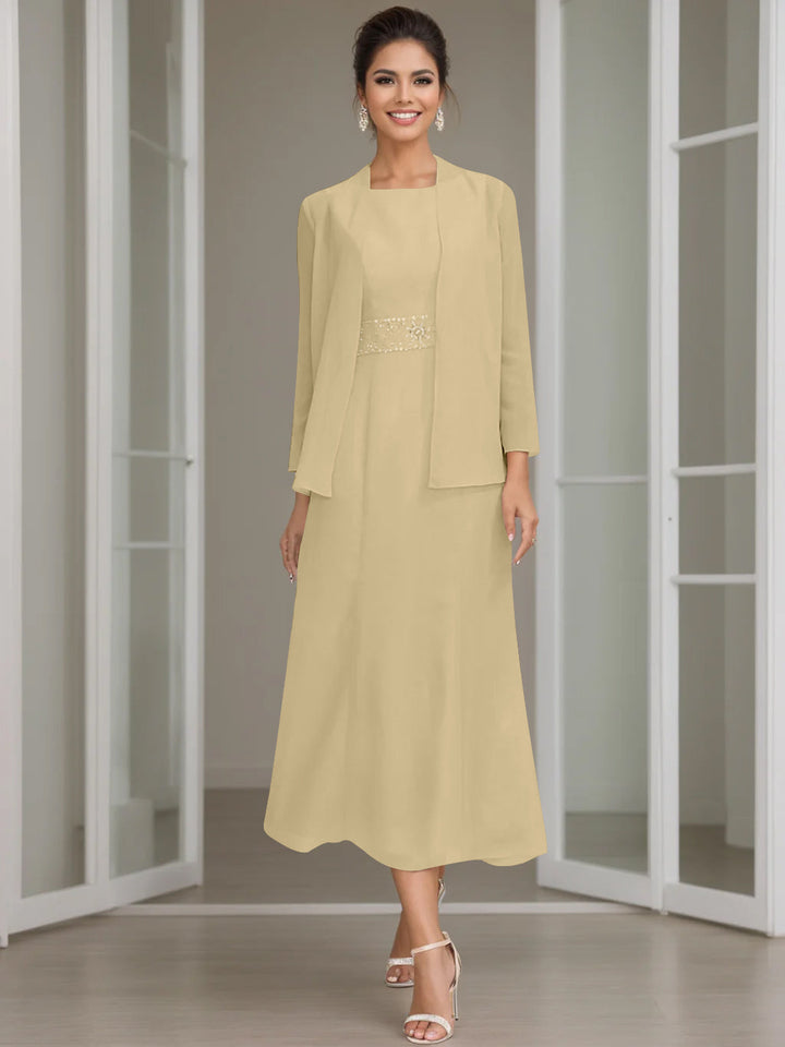 Gaine/Colonne Collier Bijou Tea Length Robes Mère de La Mariée avec veste & Perles
