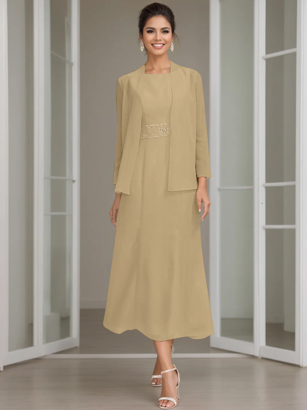 Gaine/Colonne Collier Bijou Tea Length Robes Mère de La Mariée avec veste & Perles