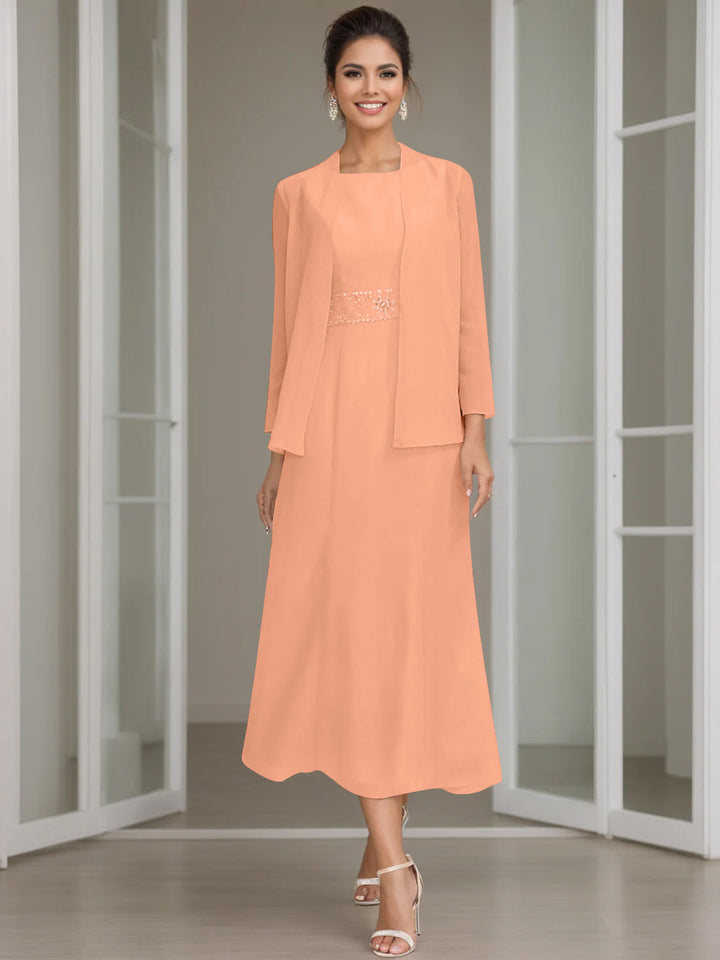 Gaine/Colonne Collier Bijou Tea Length Robes Mère de La Mariée avec veste & Perles