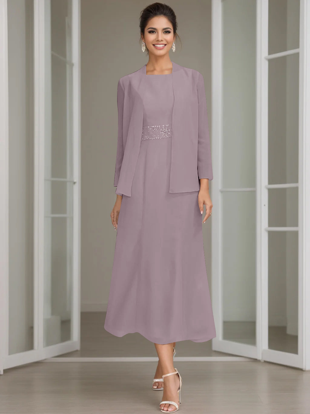 Gaine/Colonne Collier Bijou Tea Length Robes Mère de La Mariée avec veste & Perles