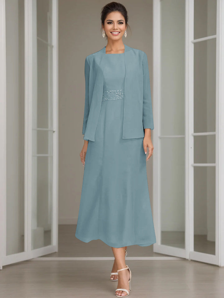 Gaine/Colonne Collier Bijou Tea Length Robes Mère de La Mariée avec veste & Perles