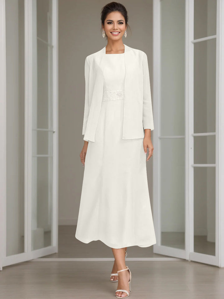 Gaine/Colonne Collier Bijou Tea Length Robes Mère de La Mariée avec veste & Perles