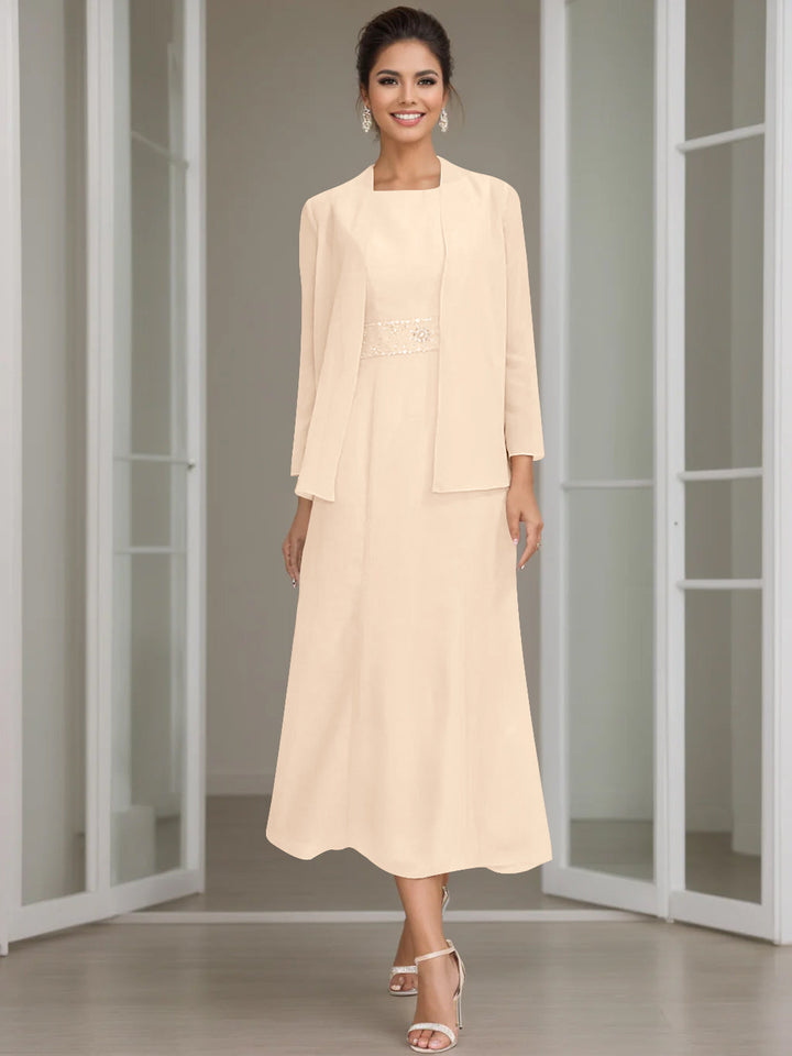Gaine/Colonne Collier Bijou Tea Length Robes Mère de La Mariée avec veste & Perles