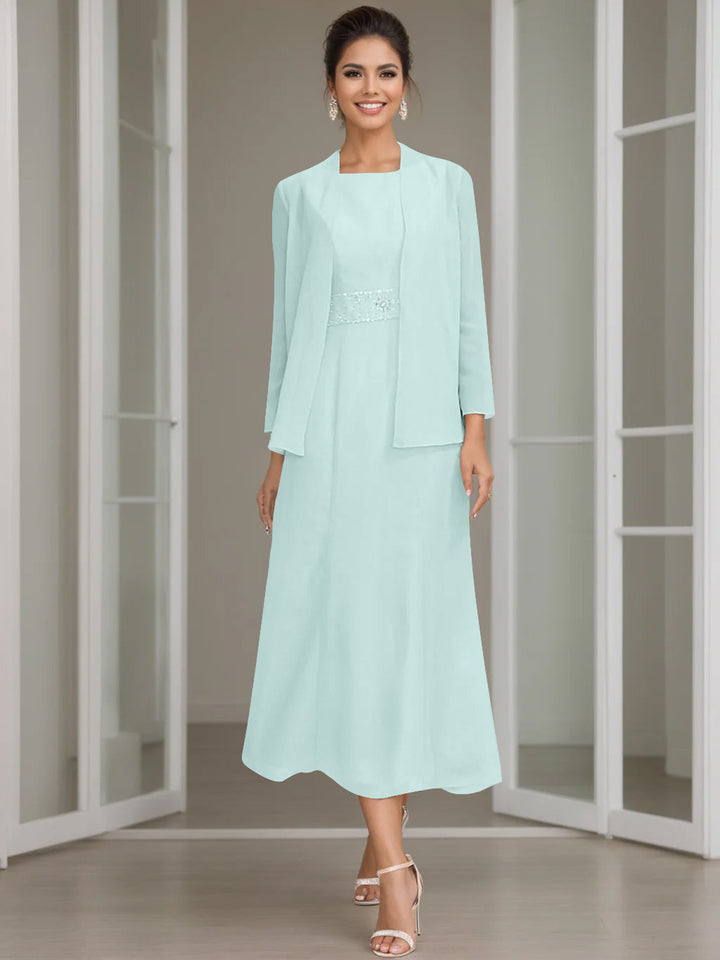 Gaine/Colonne Collier Bijou Tea Length Robes Mère de La Mariée avec veste & Perles