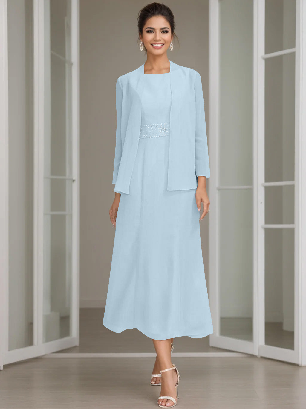 Gaine/Colonne Collier Bijou Tea Length Robes Mère de La Mariée avec veste & Perles