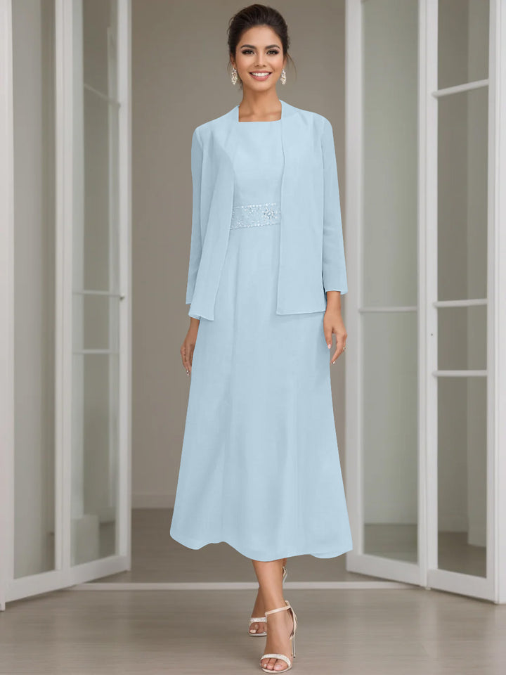 Gaine/Colonne Collier Bijou Tea Length Robes Mère de La Mariée avec veste & Perles