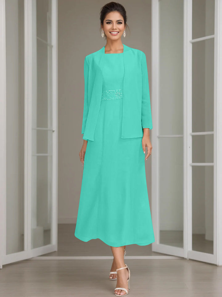 Gaine/Colonne Collier Bijou Tea Length Robes Mère de La Mariée avec veste & Perles