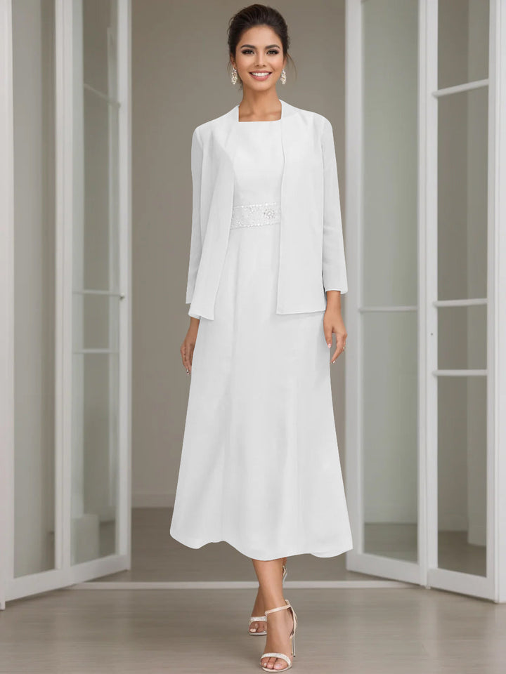 Gaine/Colonne Collier Bijou Tea Length Robes Mère de La Mariée avec veste & Perles