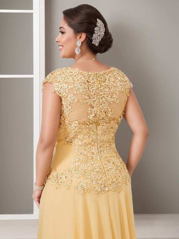 Robe de Mère de la Mariée Élégante Grande Taille, Coupe A-Line/Princess, Col Bijou, Sans Manches, Longueur Au Sol, avec Appliques en Perles