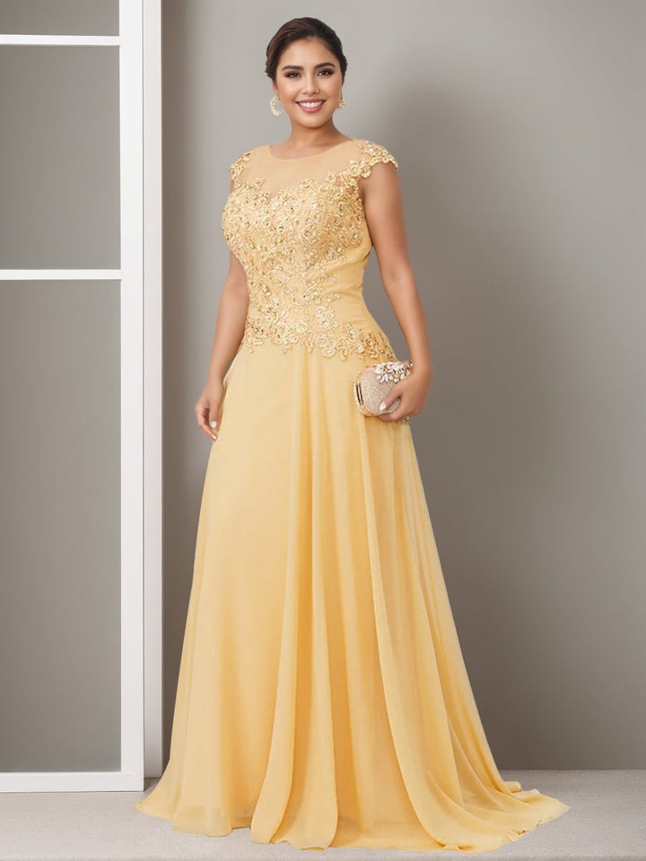Robe de Mère de la Mariée Élégante Grande Taille, Coupe A-Line/Princess, Col Bijou, Sans Manches, Longueur Au Sol, avec Appliques en Perles