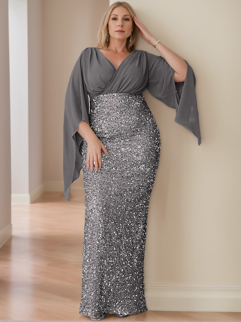 Robe de Mère de la Mariée Grande Taille Unique à Col en V et Manches Évasées, Longueur Au Sol, avec Paillettes