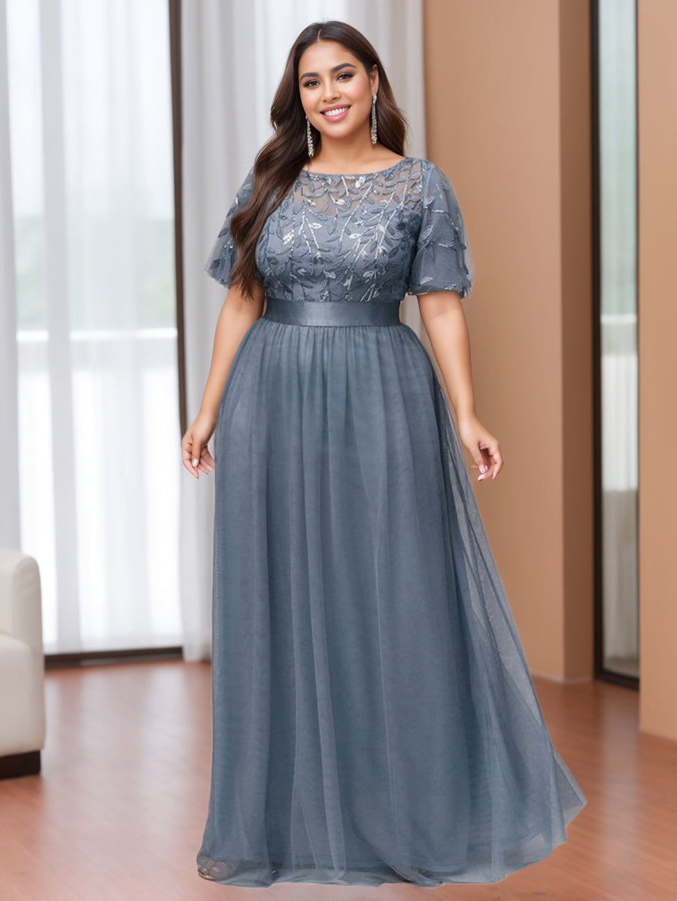 Robe de Mère de la Mariée Grande Taille, Coupe A-Line/Princess, Manches Mi-Longues, Longueur Au Sol, avec Appliques