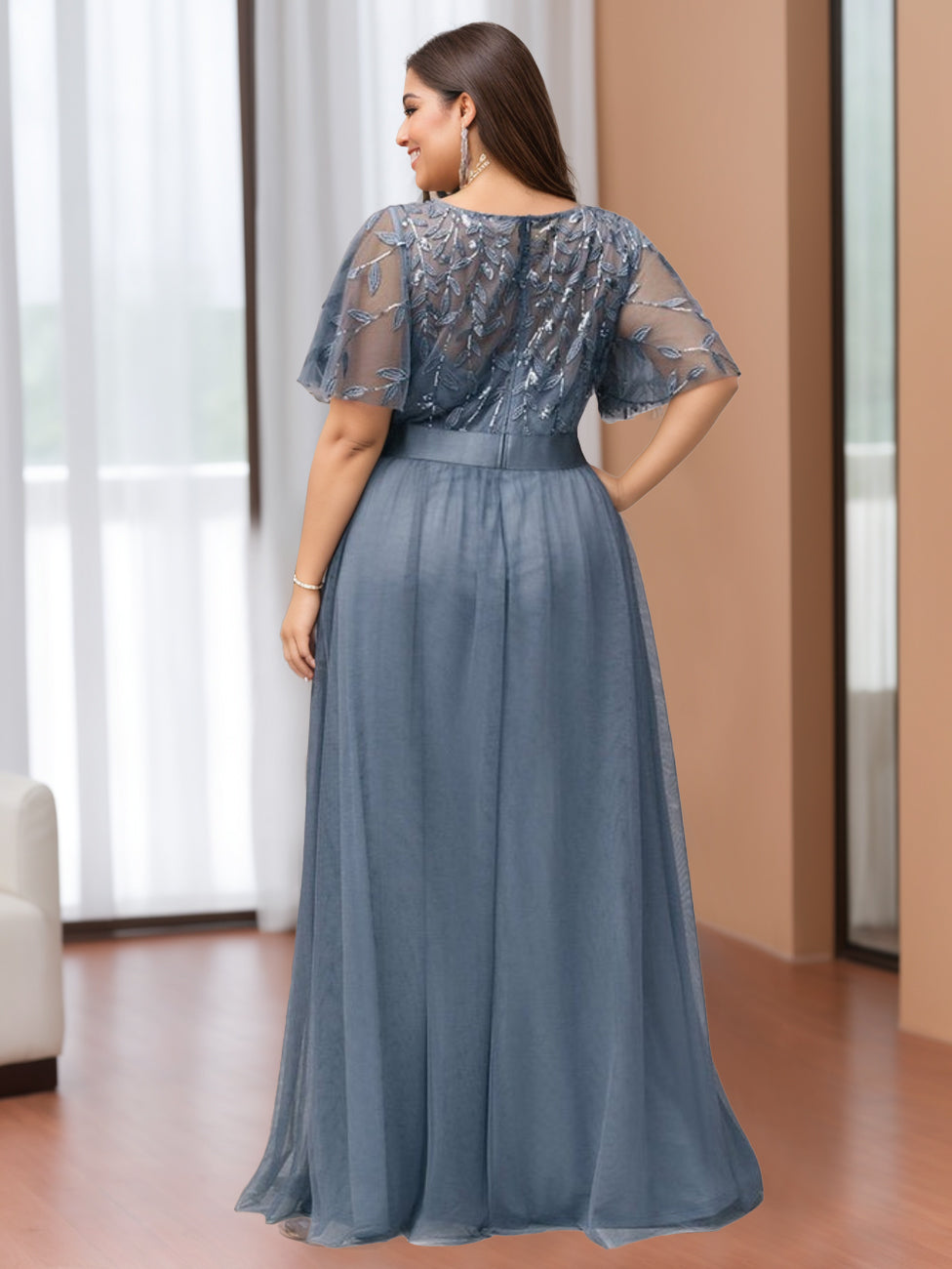 Robe de Mère de la Mariée Grande Taille, Coupe A-Line/Princess, Manches Mi-Longues, Longueur Au Sol, avec Appliques