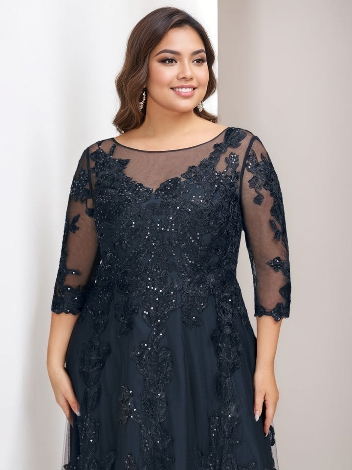 Tenues de Mère de la Mariée Grande Taille, Coupe A-Line/Princess, Manches 3/4, Longueur Au Sol, avec Paillettes