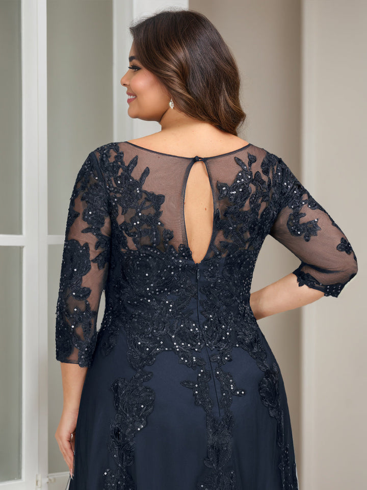 Tenues de Mère de la Mariée Grande Taille, Coupe A-Line/Princess, Manches 3/4, Longueur Au Sol, avec Paillettes