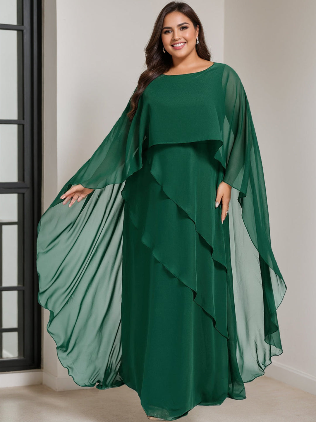 Robe de Mère de la Mariée Grande Taille, Coupe A-Line/Princess, Manches Mi-Longues, Longueur Au Sol