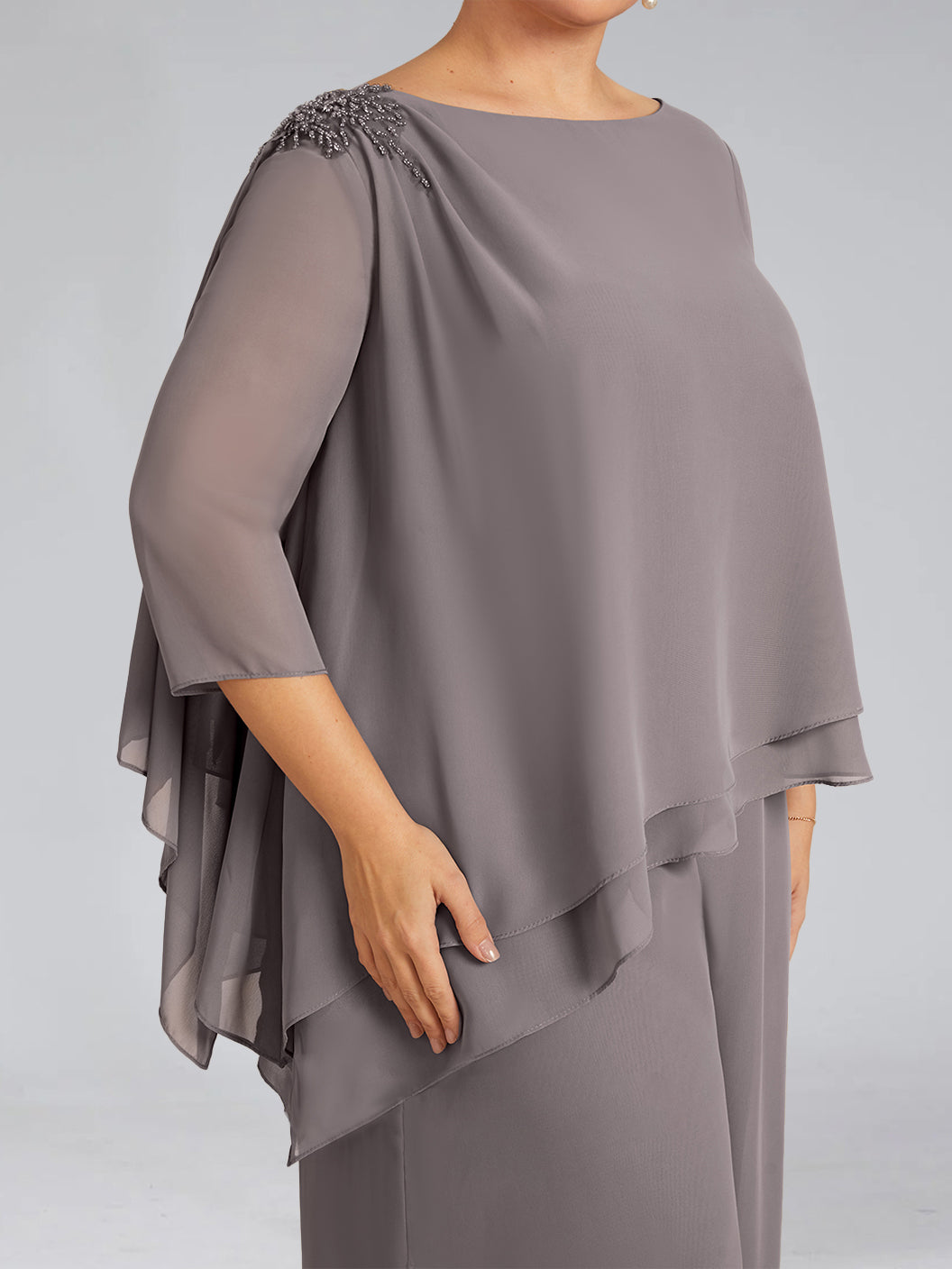 Robe de Mère de la Mariée Grande Taille en Mousseline de Soie 2 Pièces à Manches 3/4 et Longueur Au Sol avec Perles
