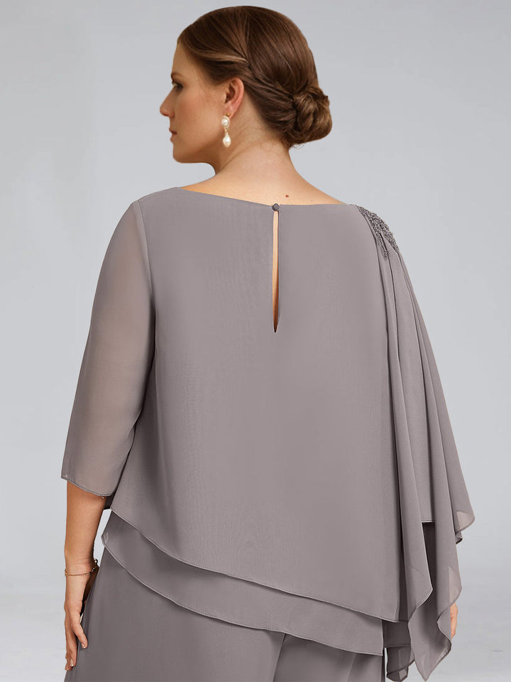 Robe de Mère de la Mariée Grande Taille en Mousseline de Soie 2 Pièces à Manches 3/4 et Longueur Au Sol avec Perles