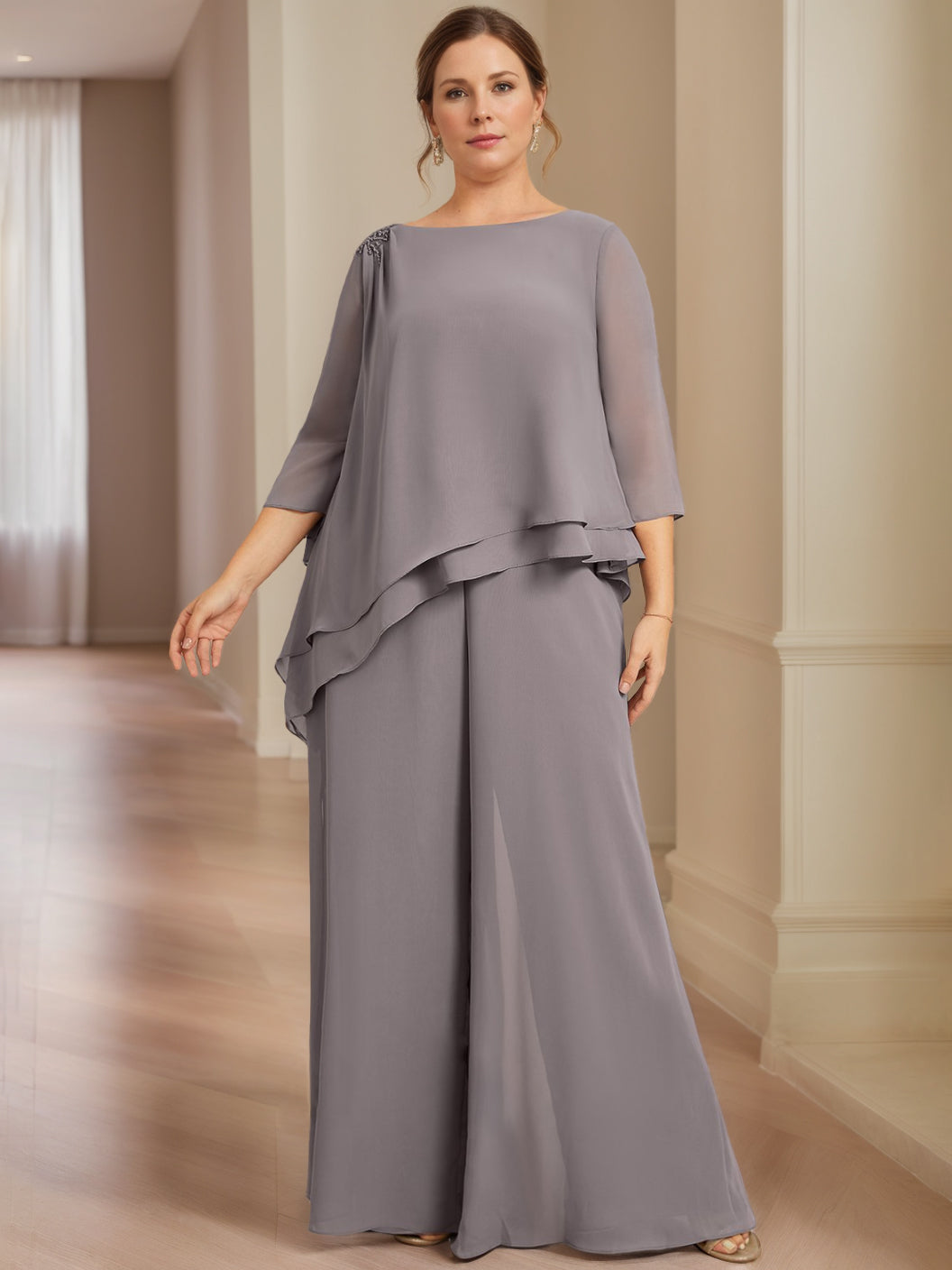 Robe de Mère de la Mariée Grande Taille en Mousseline de Soie 2 Pièces à Manches 3/4 et Longueur Au Sol avec Perles