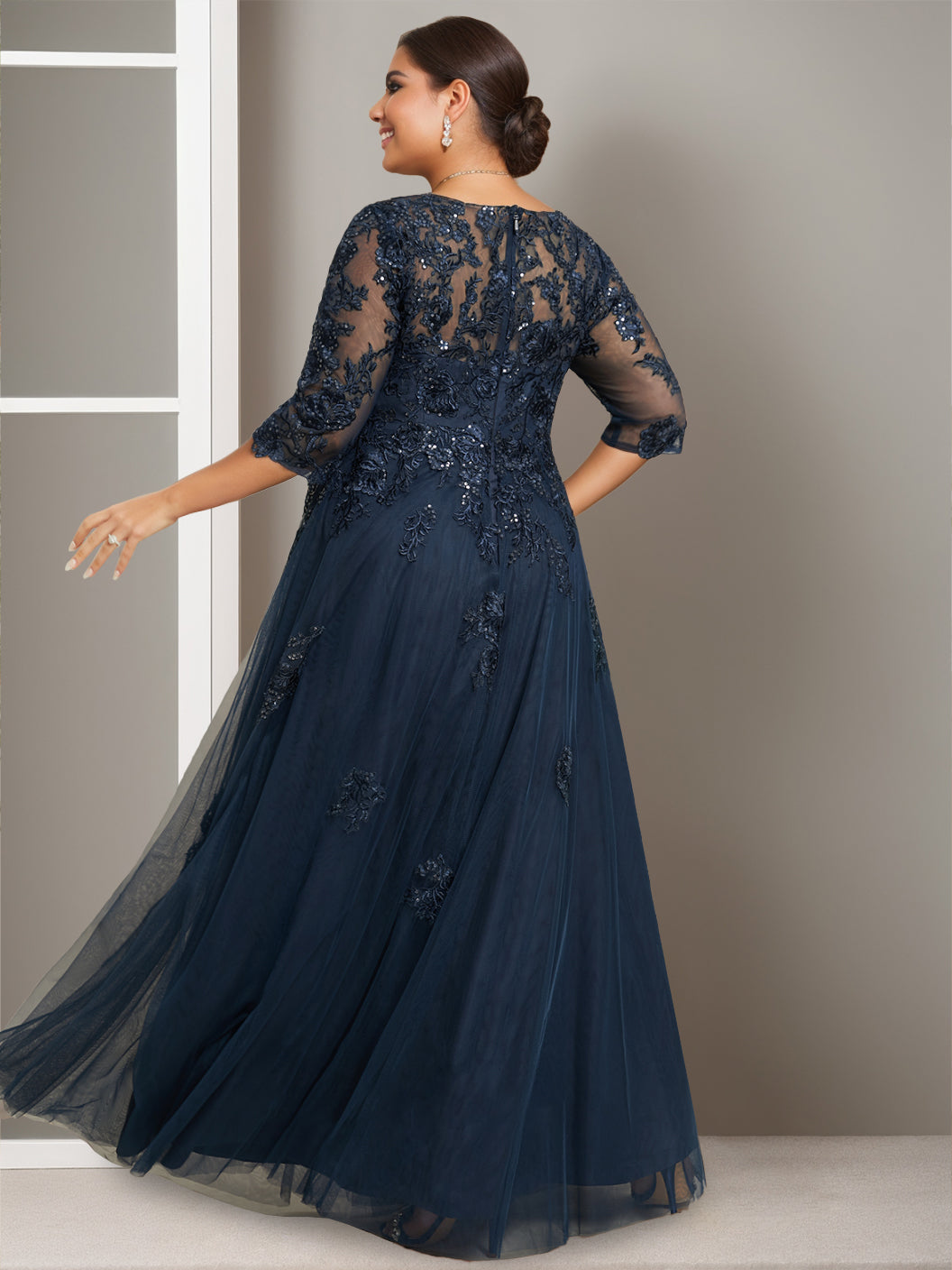 Robe de Mère de la Mariée Grande Taille, Coupe A-Line/Princess, Col en V, Manches Mi-Longues, Longueur Au Sol, avec Paillettes