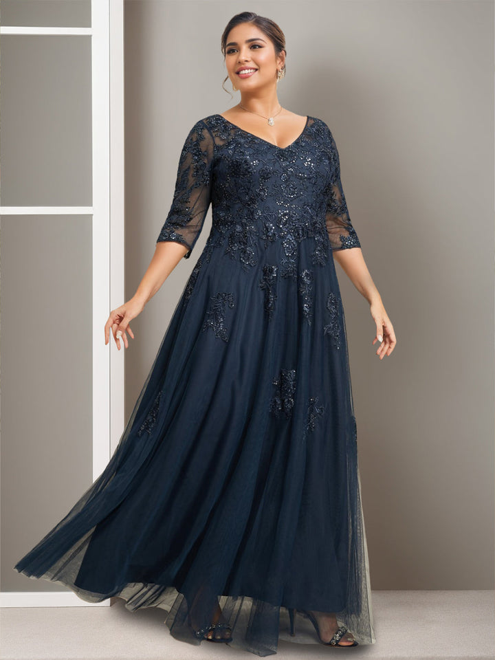 Robe de Mère de la Mariée Grande Taille, Coupe A-Line/Princess, Col en V, Manches Mi-Longues, Longueur Au Sol, avec Paillettes