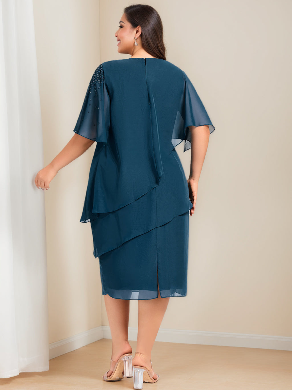 Robe Fourreau/Colonne à Manches Mi-Longues et Longueur Genou pour Mère de la Mariée, Grande Taille, avec Perles et Paillettes
