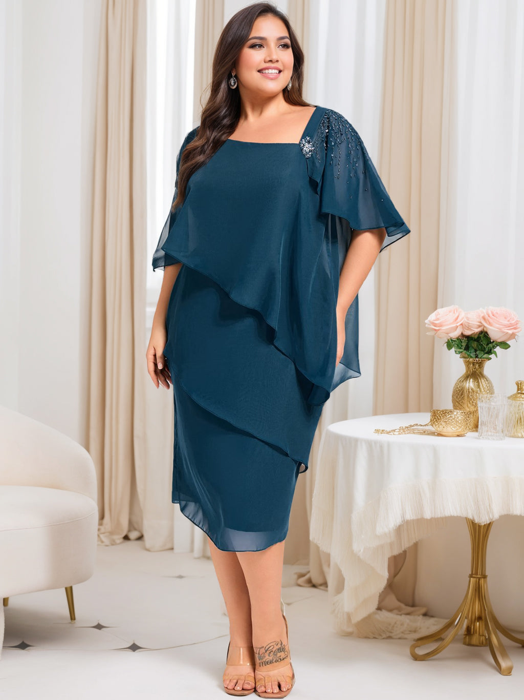 Robe Fourreau/Colonne à Manches Mi-Longues et Longueur Genou pour Mère de la Mariée, Grande Taille, avec Perles et Paillettes