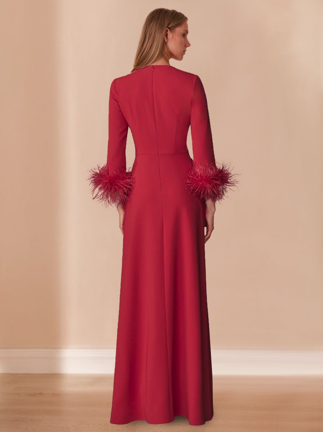 Robe de Mère de la Mariée Coupe A-Line/Princess à Col en V et Manches Longues, Longueur Au Sol, avec Plumes