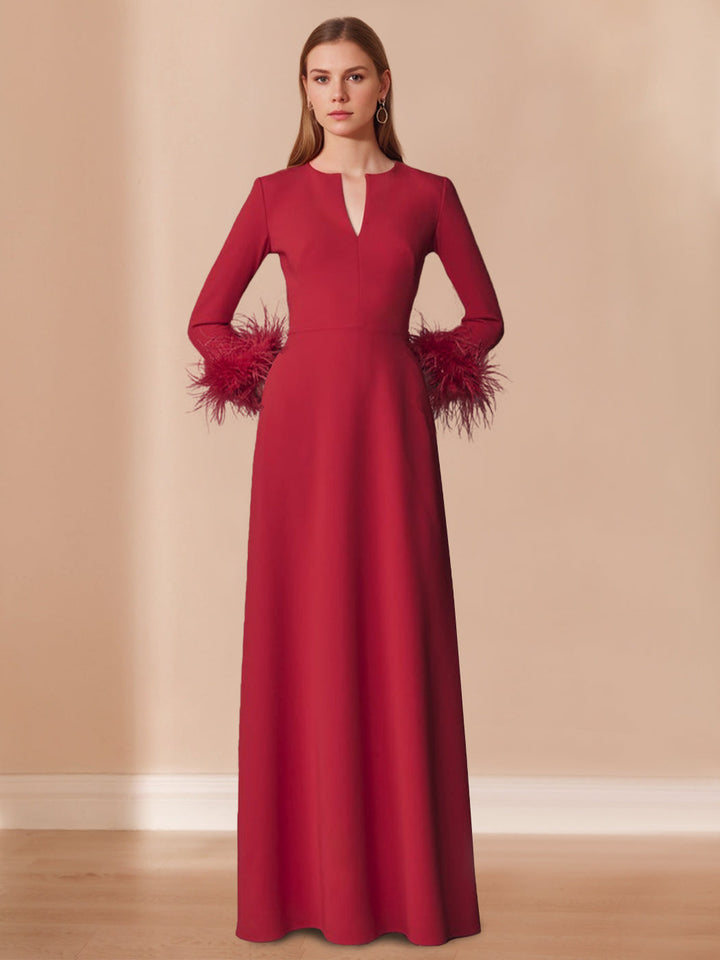 Robe de Mère de la Mariée Coupe A-Line/Princess à Col en V et Manches Longues, Longueur Au Sol, avec Plumes