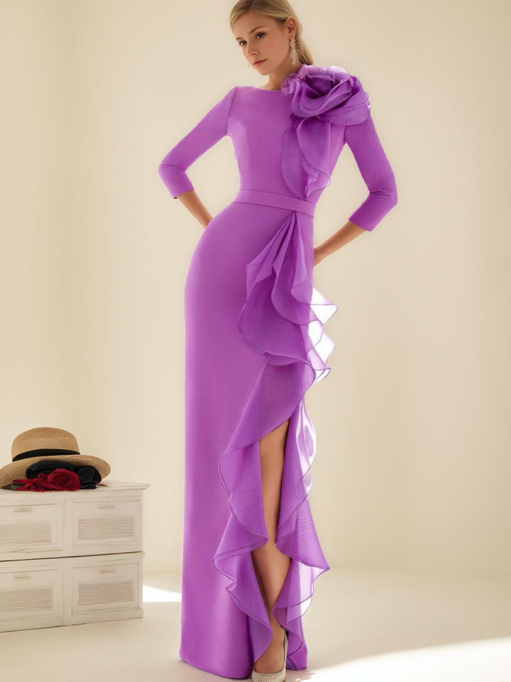Robe de Mère de la Mariée Longue à Volants, Fourreau/Colonne, Col Bijou, Manches 3/4, Longueur Au Sol