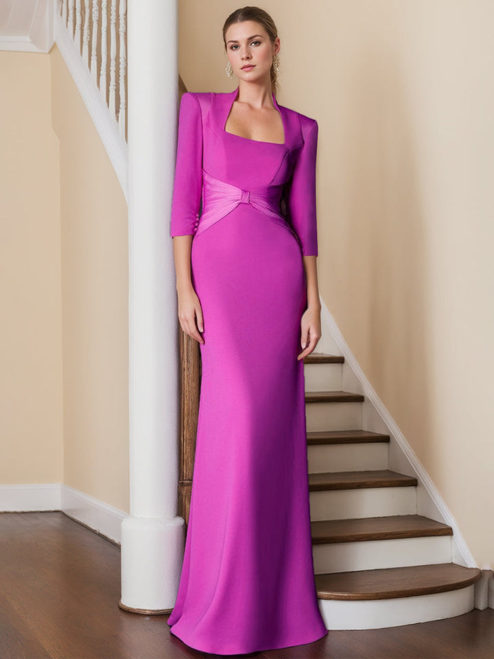 Robe de Mère de la Mariée Unique à Volants, Épaules Dénudées, Manches 3/4, Longueur Au Sol