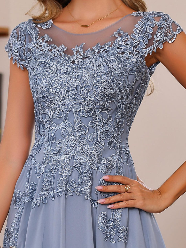 Robe de Mère de la Mariée Coupe A-Line/Princesse, Col Rond, Manches Courtes, Longueur Au Sol, avec Appliques