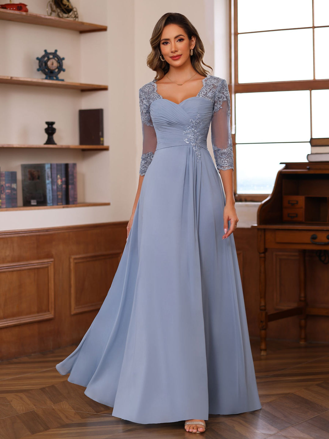 Robe de Mère de la Mariée Coupe A-Line/Princesse, Col en Cœur, Manches 3/4, Longueur Au Sol, avec Dentelle, Volants et Appliques
