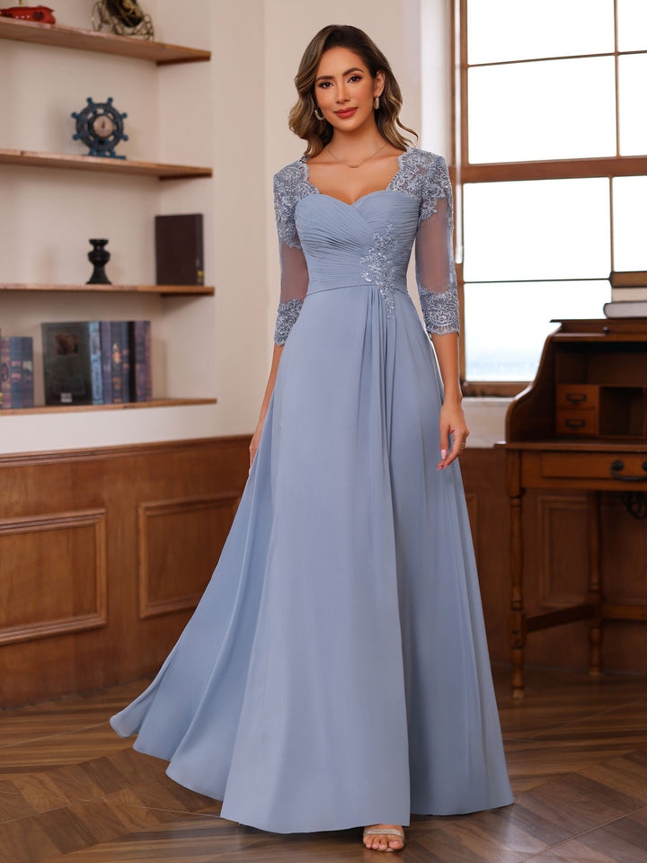 Robe de Mère de la Mariée Coupe A-Line/Princesse, Col en Cœur, Manches 3/4, Longueur Au Sol, avec Dentelle, Volants et Appliques