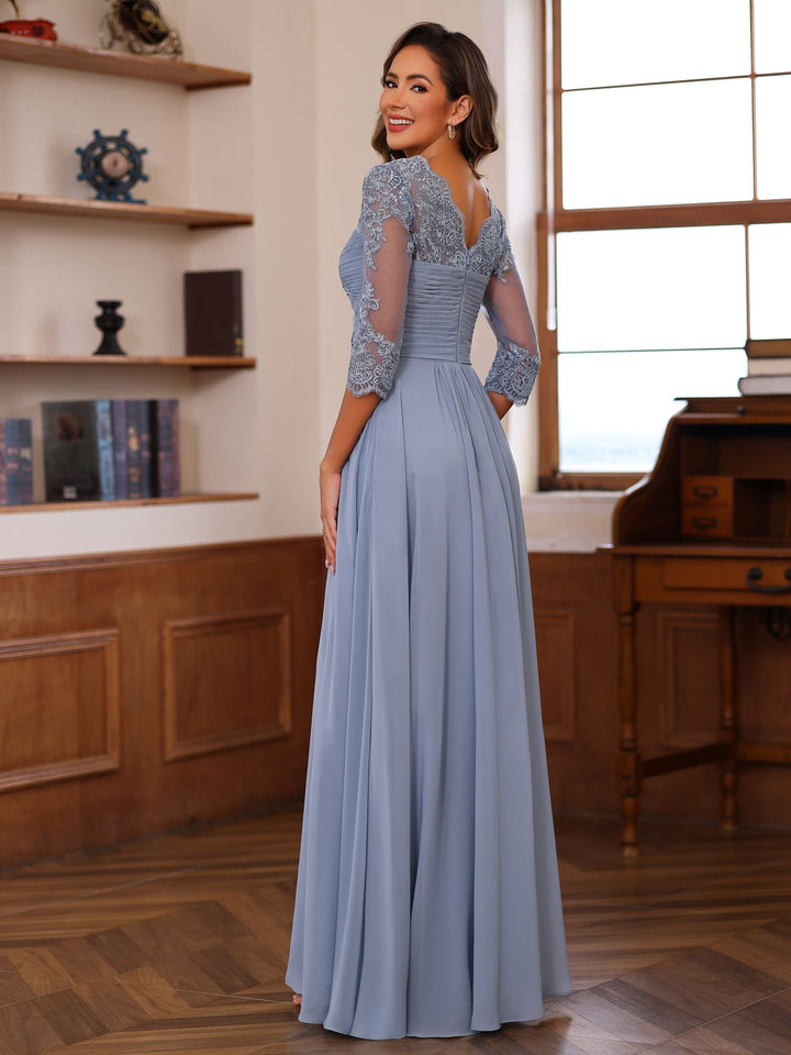 Robe de Mère de la Mariée Coupe A-Line/Princesse, Col en Cœur, Manches 3/4, Longueur Au Sol, avec Dentelle, Volants et Appliques