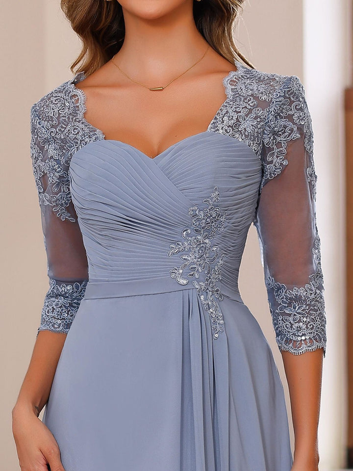 Robe de Mère de la Mariée Coupe A-Line/Princesse, Col en Cœur, Manches 3/4, Longueur Au Sol, avec Dentelle, Volants et Appliques
