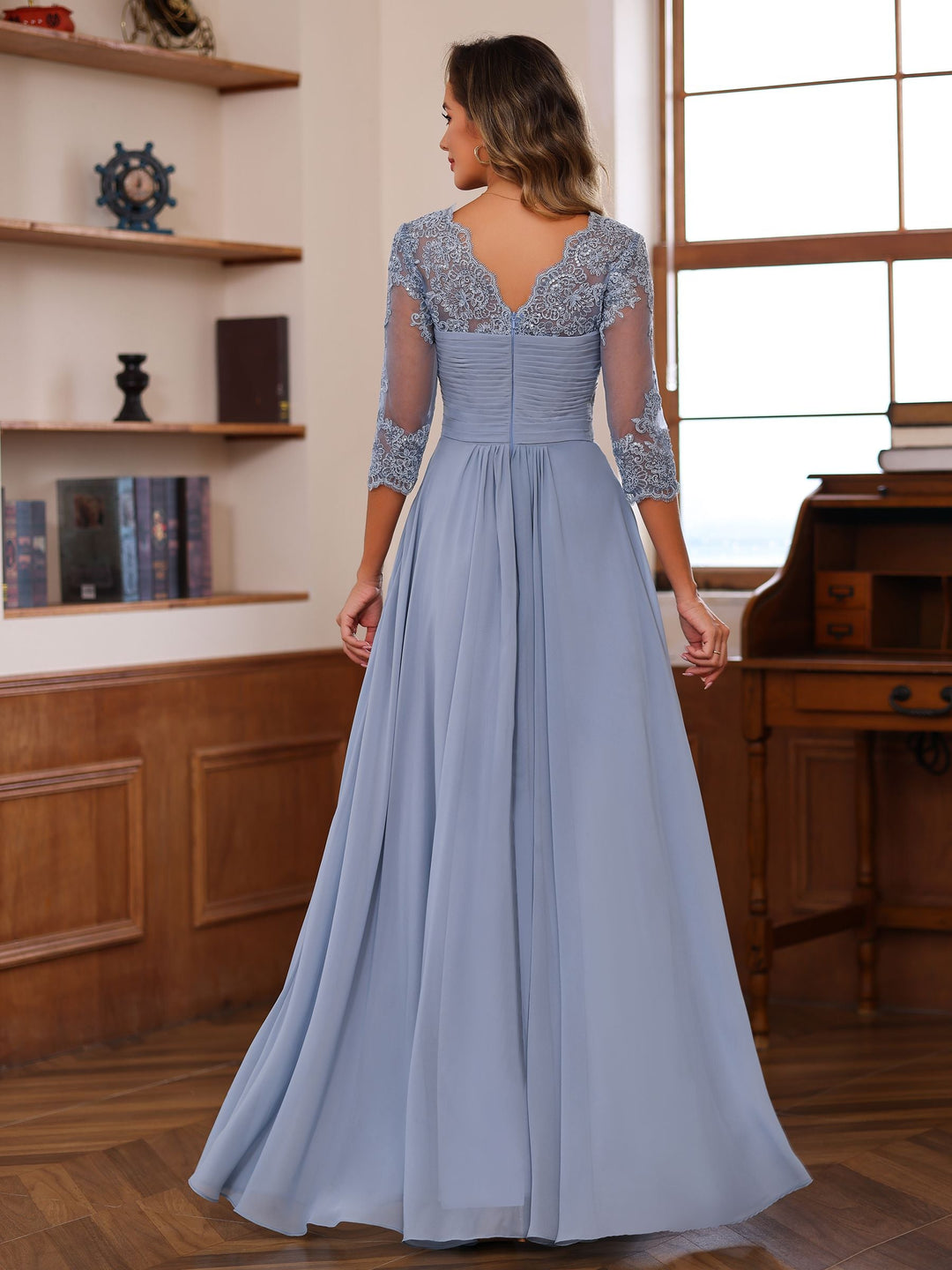Robe de Mère de la Mariée Coupe A-Line/Princesse, Col en Cœur, Manches 3/4, Longueur Au Sol, avec Dentelle, Volants et Appliques