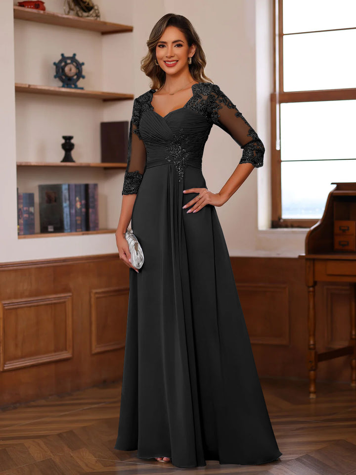 Robe de Mère de la Mariée Coupe A-Line/Princesse, Col en Cœur, Manches 3/4, Longueur Au Sol, avec Dentelle, Volants et Appliques