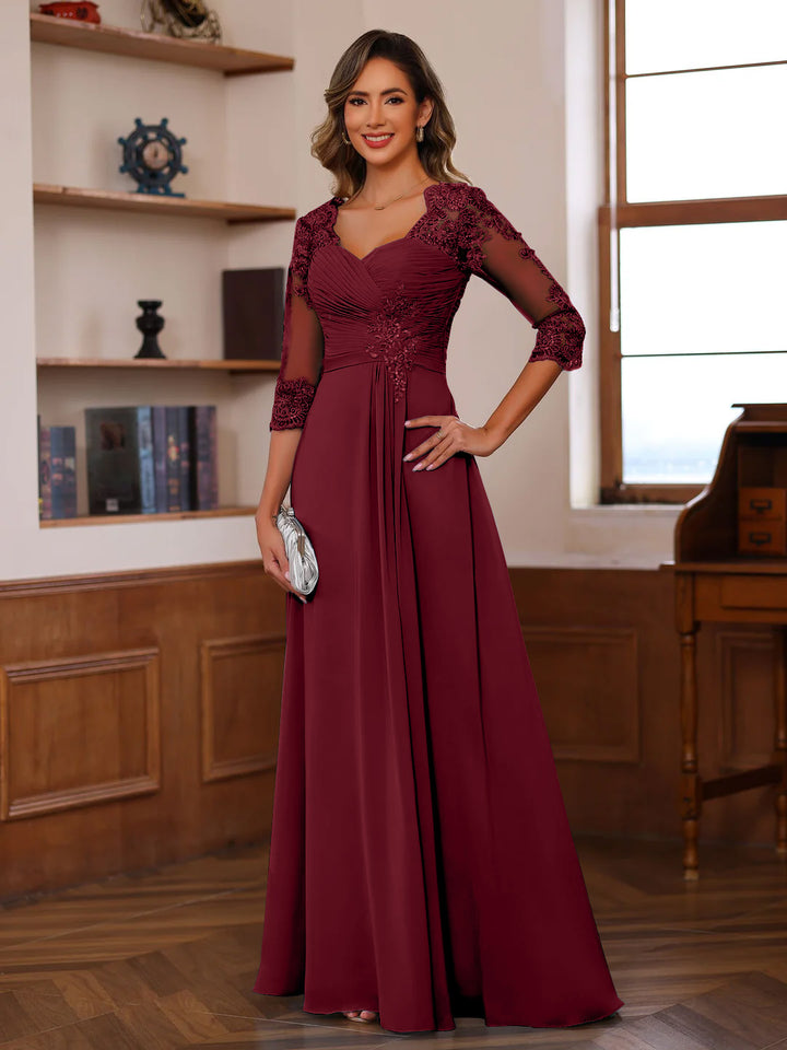 Robe de Mère de la Mariée Coupe A-Line/Princesse, Col en Cœur, Manches 3/4, Longueur Au Sol, avec Dentelle, Volants et Appliques