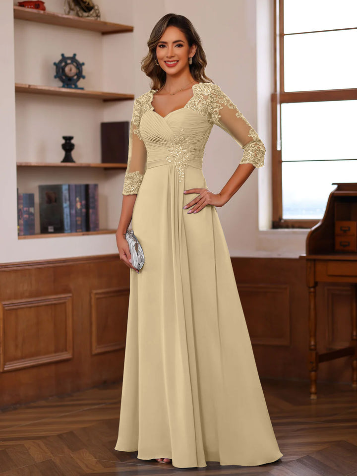 Robe de Mère de la Mariée Coupe A-Line/Princesse, Col en Cœur, Manches 3/4, Longueur Au Sol, avec Dentelle, Volants et Appliques
