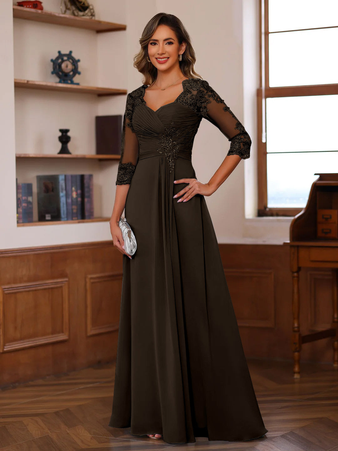Robe de Mère de la Mariée Coupe A-Line/Princesse, Col en Cœur, Manches 3/4, Longueur Au Sol, avec Dentelle, Volants et Appliques