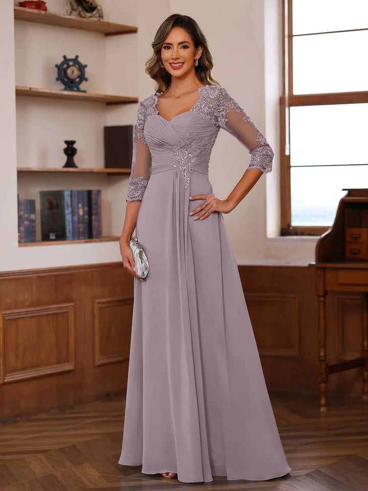 Robe de Mère de la Mariée Coupe A-Line/Princesse, Col en Cœur, Manches 3/4, Longueur Au Sol, avec Dentelle, Volants et Appliques