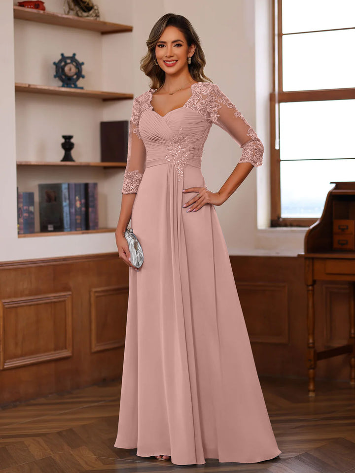 Robe de Mère de la Mariée Coupe A-Line/Princesse, Col en Cœur, Manches 3/4, Longueur Au Sol, avec Dentelle, Volants et Appliques